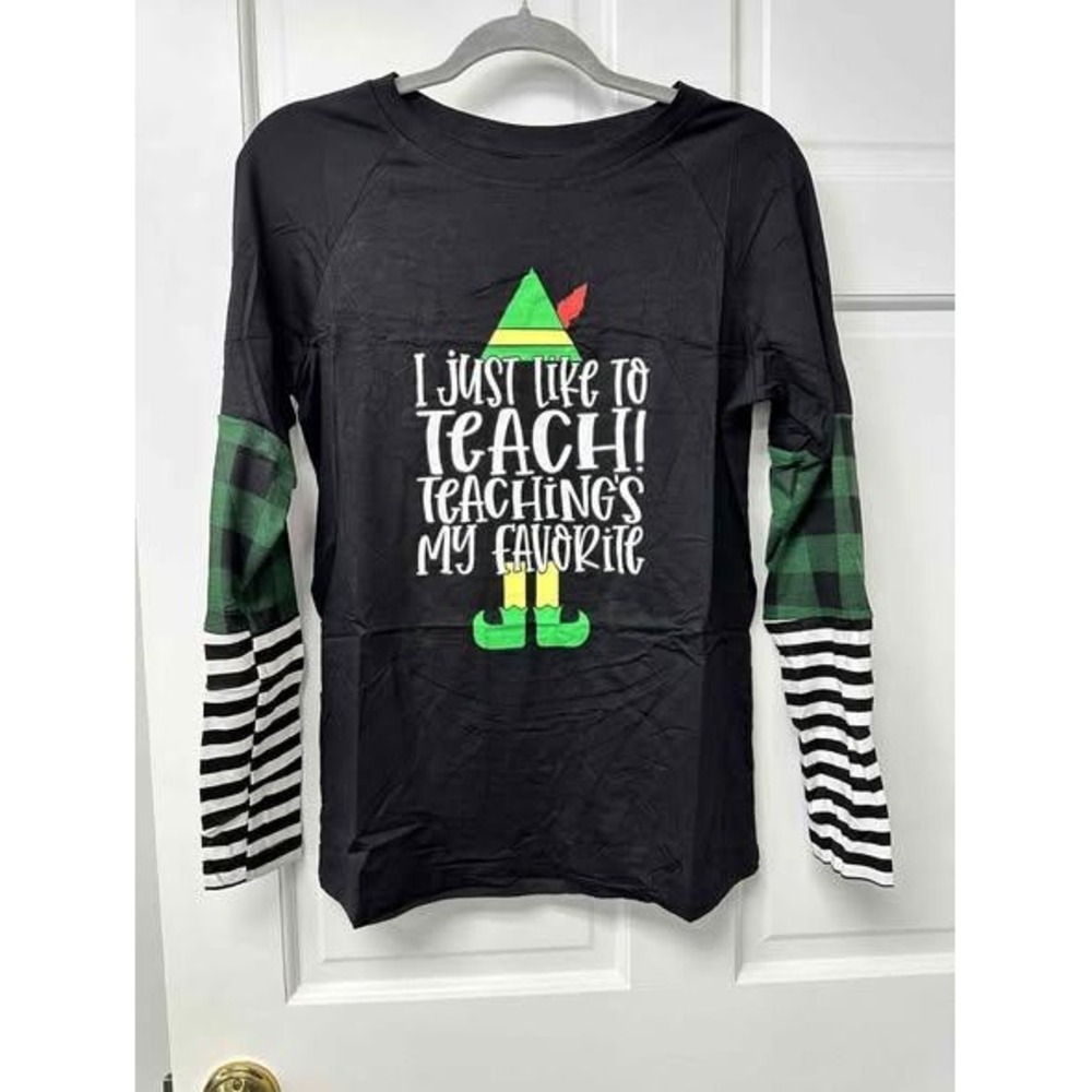 Womens Long Sleeve‎ Elf Teach Funny Christmas T Shirt Black Green Plaid Stripes